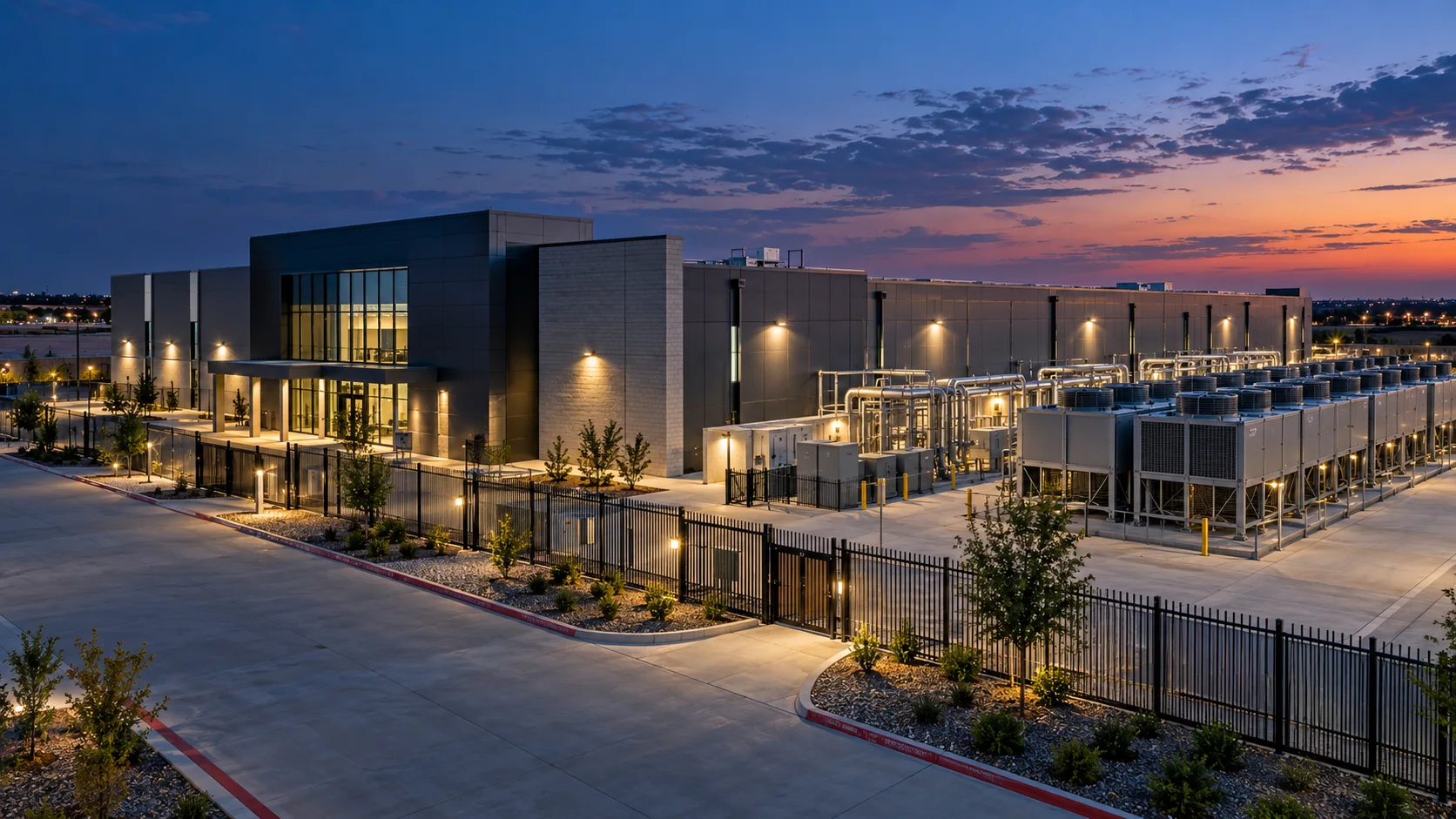 Illustrative data center campus with adjacent cooling equipment