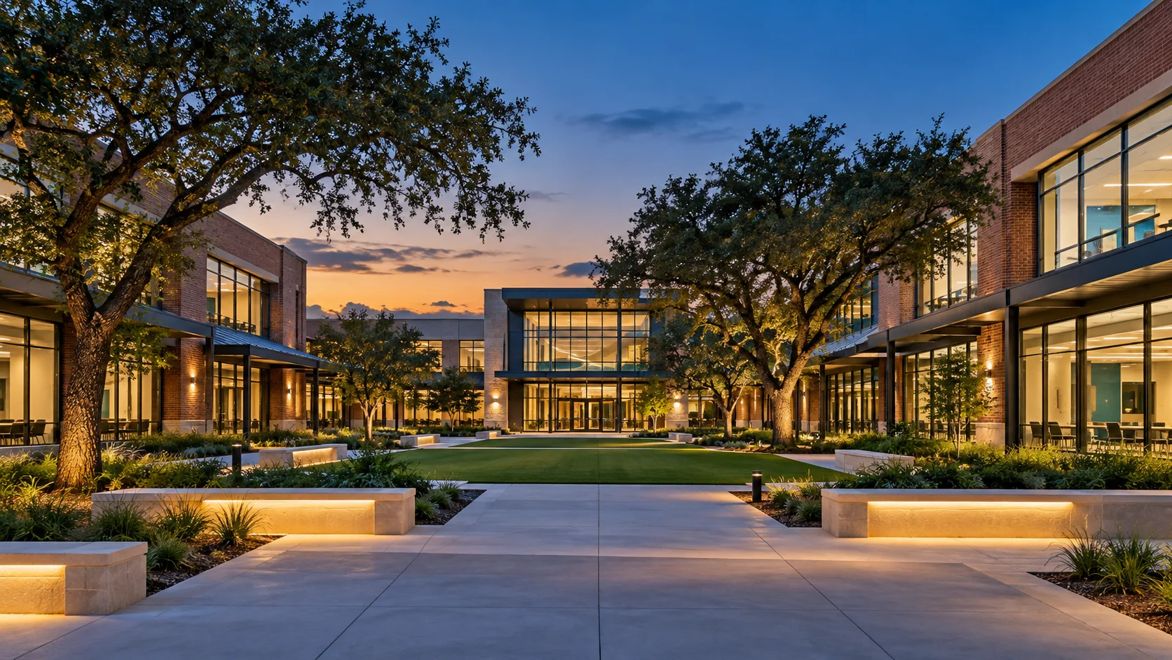 Illustrative school campus with landscaped grounds