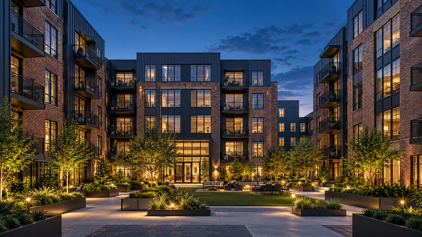 Illustrative multifamily community with landscaped courtyard and warm apartment windows