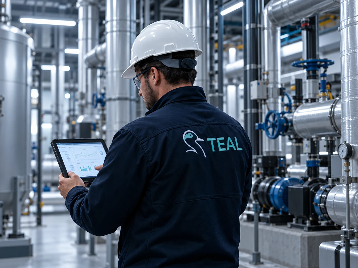 Illustrative TEAL technician reviewing a tablet in a modern water infrastructure equipment room