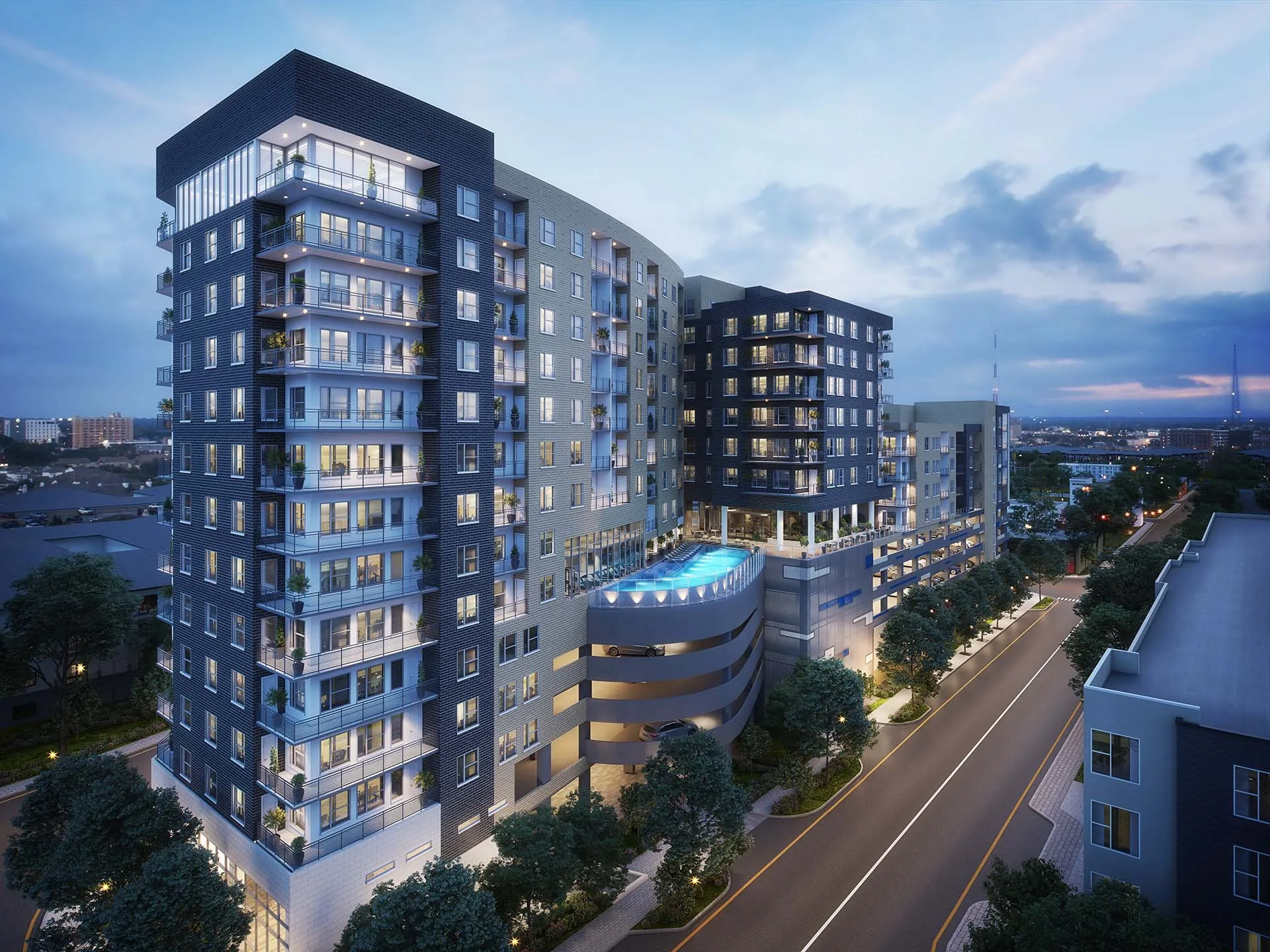Evening rendering of The Gabriella high-rise residential development in Downtown Dallas