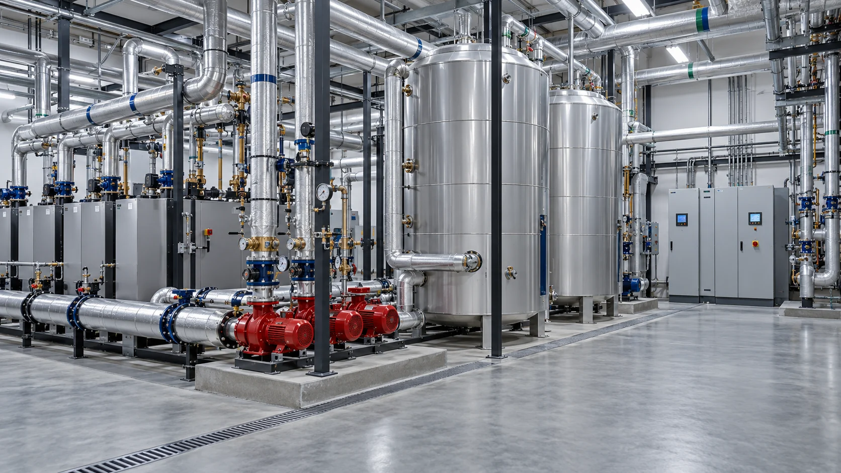 Healthcare central plant with hot-water equipment, storage tanks, pumps, and insulated piping