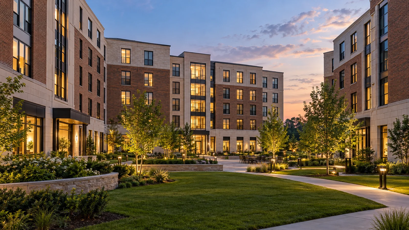 Modern student housing courtyard at early evening