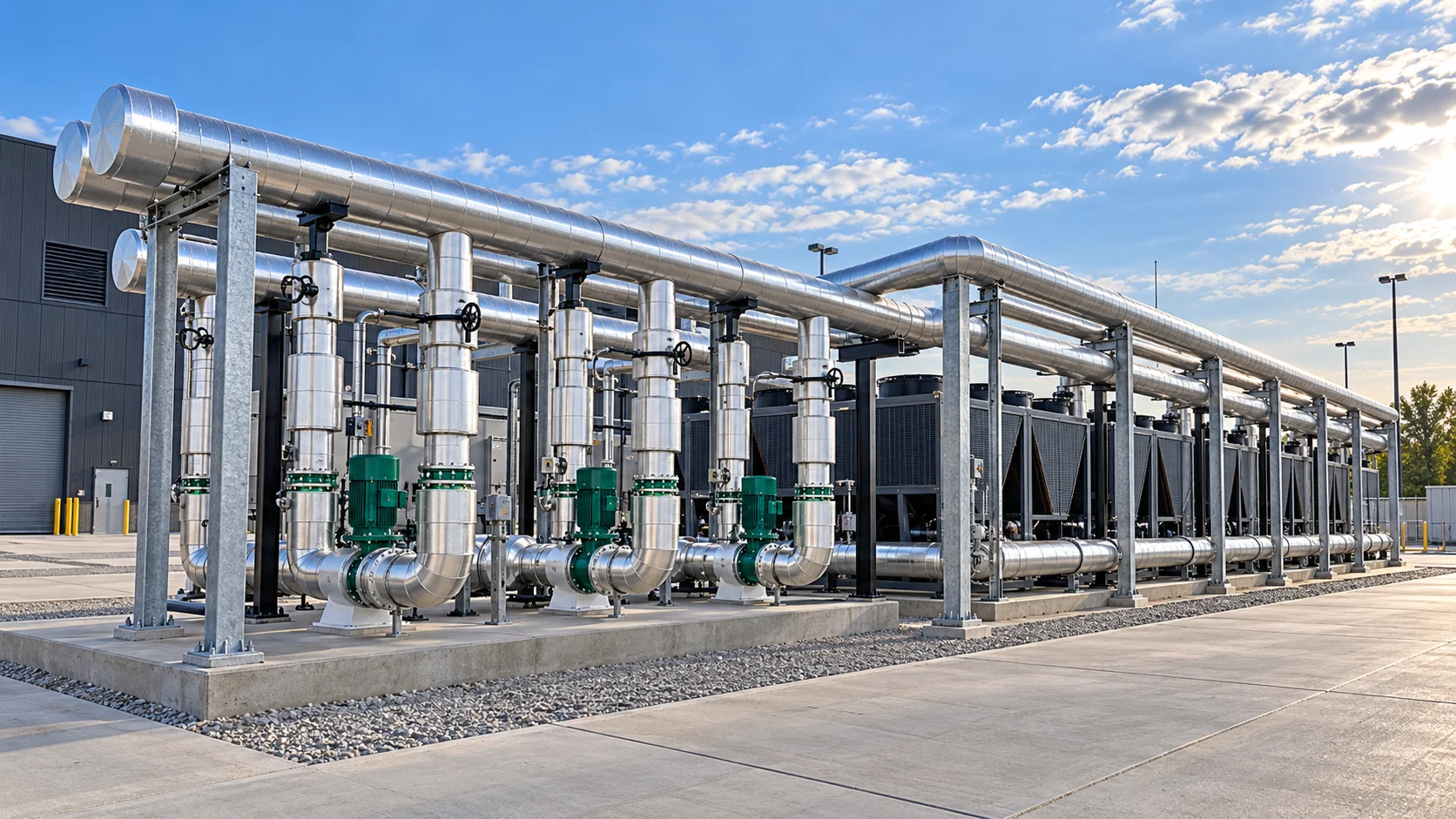Illustrative manufacturing-site chilled-water installation with chillers, pumps, and insulated headers