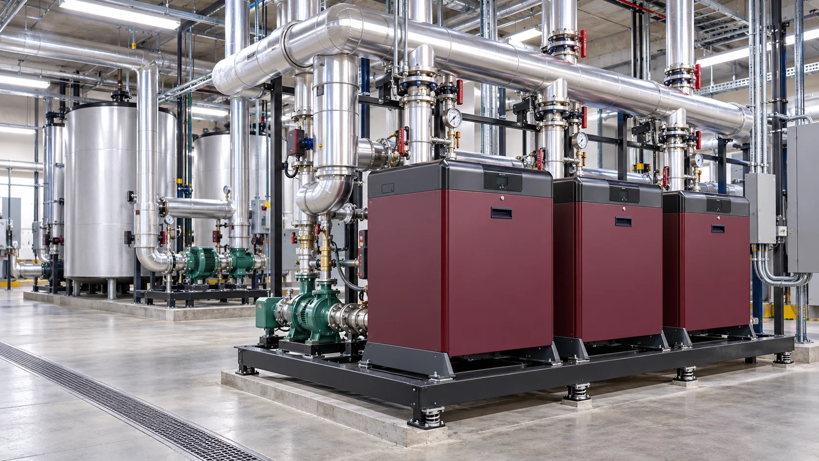 Illustrative domestic hot-water equipment installed in a commercial high-rise central plant