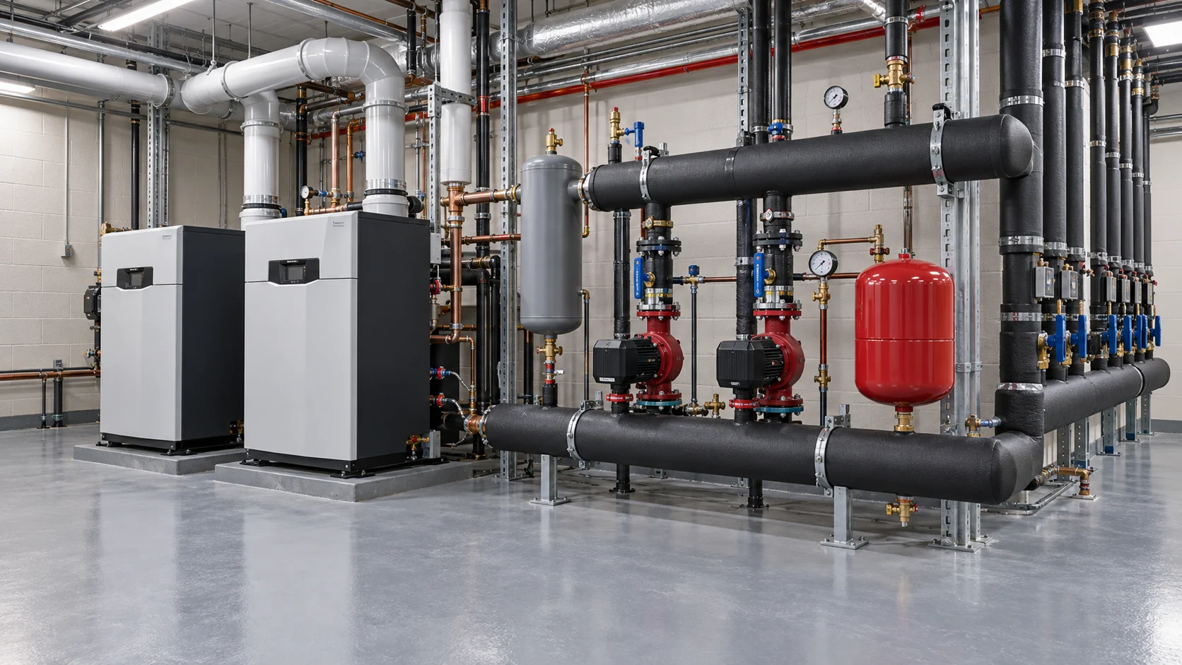 Illustrative multifamily hydronic space-heating plant with boilers, circulation pumps, and an expansion tank